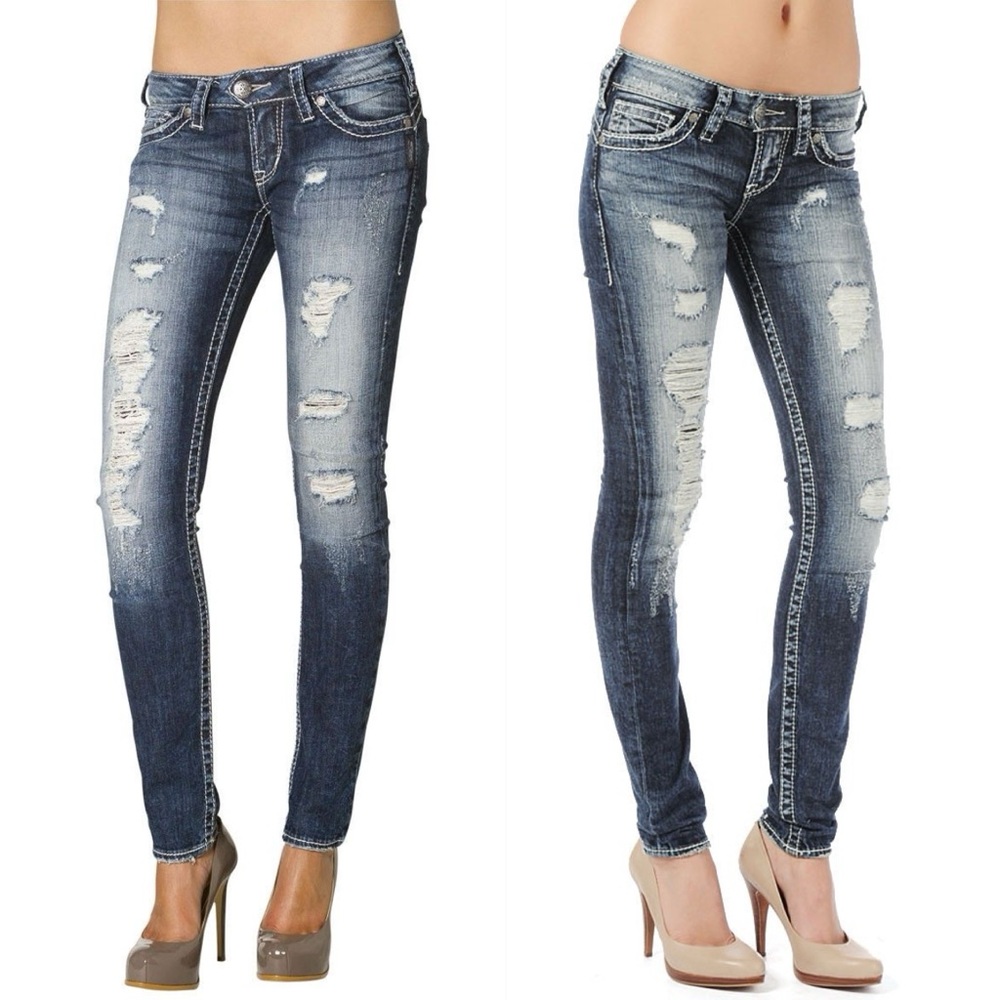 Silver Distressed Skinny Jeans - Picture 2 of 16